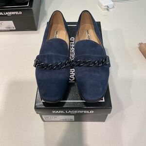 Karl Lagerfeld Blue Suede Loafers with Chain Accent